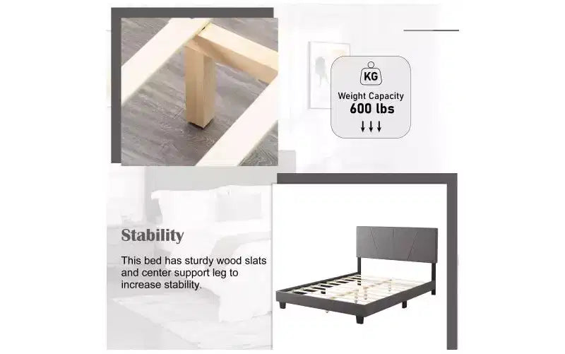 Elegante base de cama Queen con cabecero tapizado y soporte de listones, cama de madera clásica para dormitorio principal