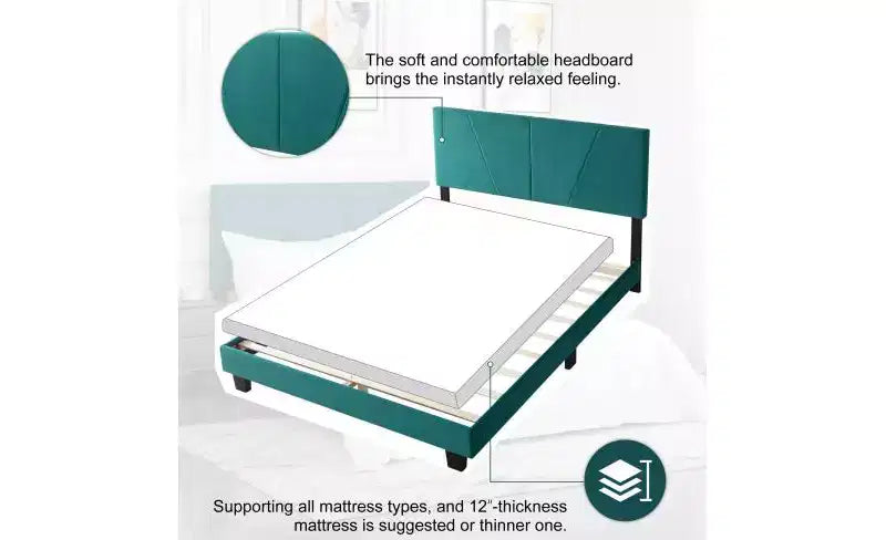 Elegante base de cama Queen con cabecero tapizado y soporte de listones, cama de madera clásica para dormitorio principal