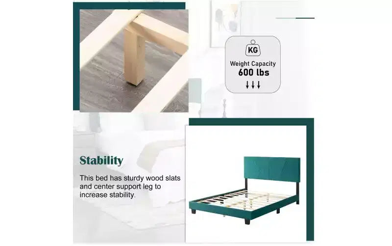 Elegante base de cama Queen con cabecero tapizado y soporte de listones, cama de madera clásica para dormitorio principal