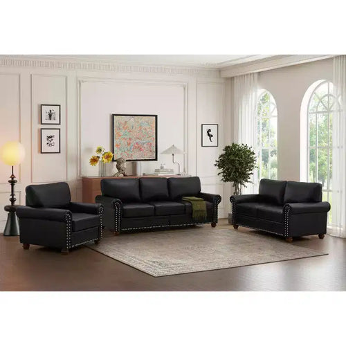MAYEERTY 3 Pieces Sectional Faux Leather Sofa with Storage Silver Nails for Living Room Black