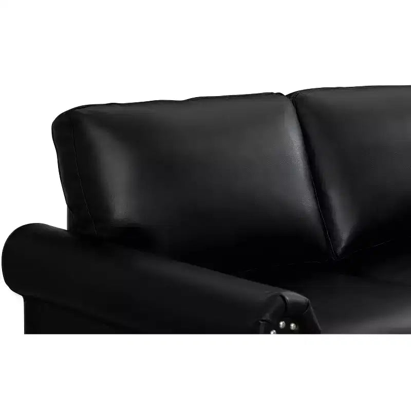 Sofá seccional de piel sintética de 3 piezas con almacenamiento y tachuelas plateadas para sala de estar, negro
