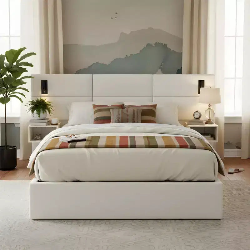 Christopher Knight Home Lili Wooden Chenille Upholstered Platform Bed with Headboard and Reading Lamp