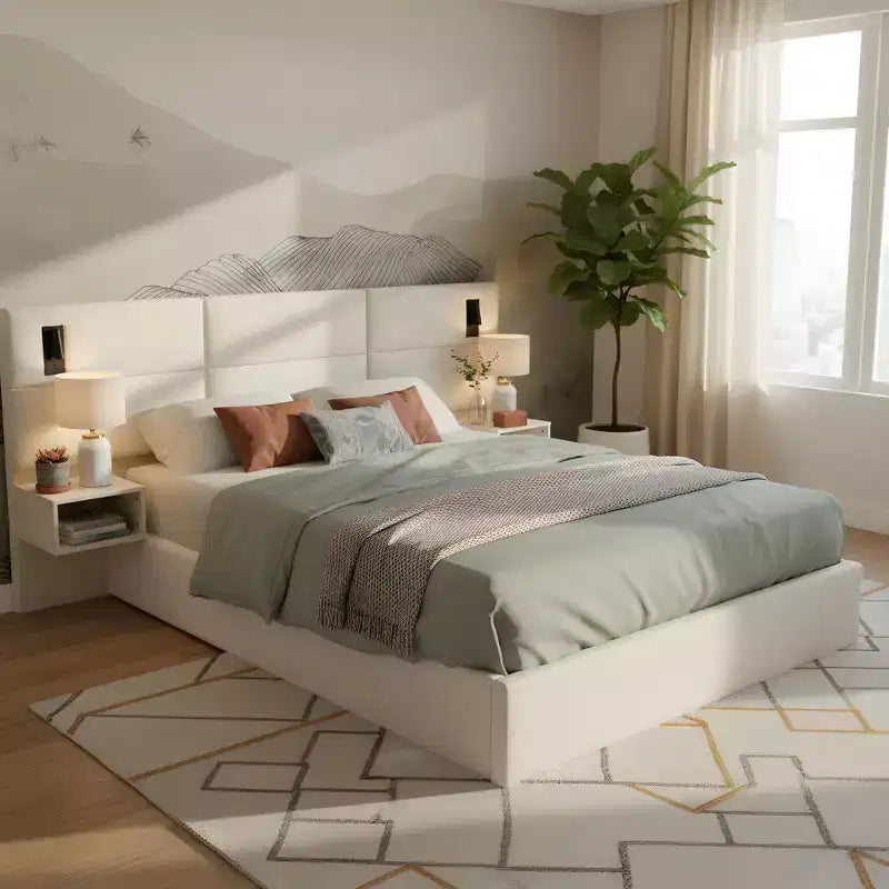 Cama de plataforma de madera tapizada con chenilla con cabecero y lámpara de lectura