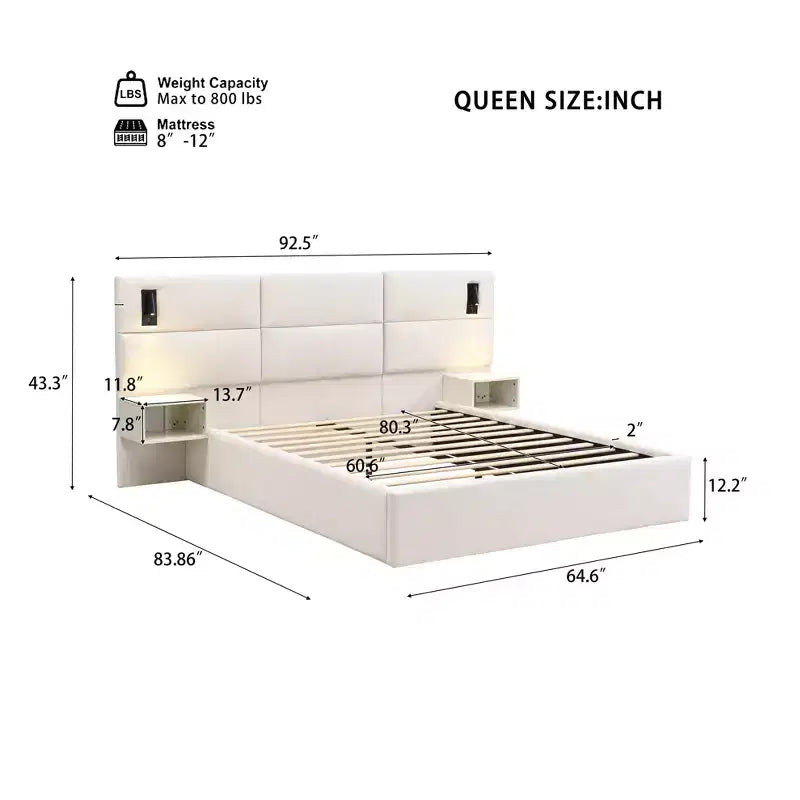 Cama de plataforma de madera tapizada con chenilla con cabecero y lámpara de lectura