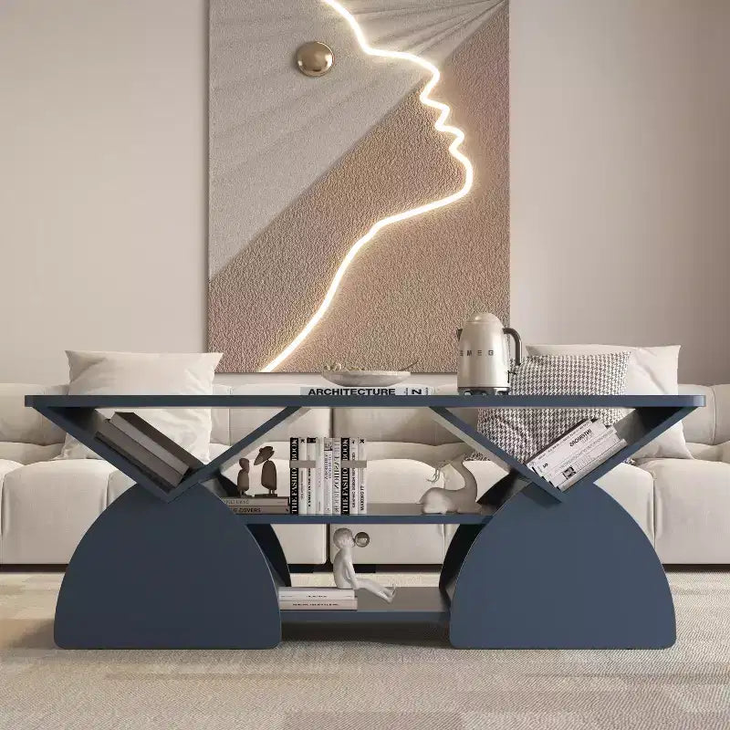 Mesa de centro rectangular, rectangular redondeada, estantes abiertos, fácil montaje, estructura resistente, diseño geométrico moderno para salones y salas de espera