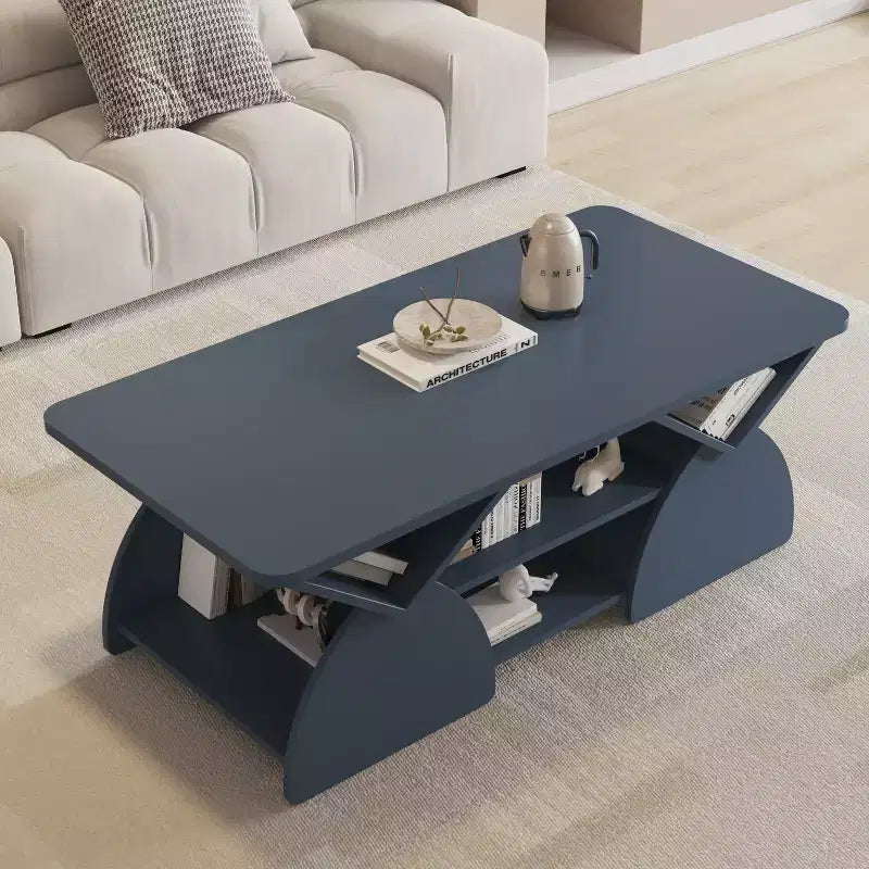Mesa de centro rectangular, rectangular redondeada, estantes abiertos, fácil montaje, estructura resistente, diseño geométrico moderno para salones y salas de espera