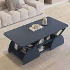 Mesa de centro rectangular, rectangular redondeada, estantes abiertos, fácil montaje, estructura resistente, diseño geométrico moderno para salones y salas de espera