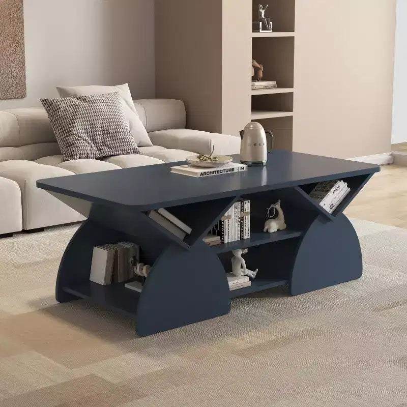 Mesa de centro rectangular, rectangular redondeada, estantes abiertos, fácil montaje, estructura resistente, diseño geométrico moderno para salones y salas de espera