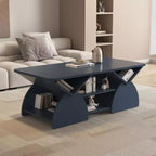 Mesa de centro rectangular, rectangular redondeada, estantes abiertos, fácil montaje, estructura resistente, diseño geométrico moderno para salones y salas de espera