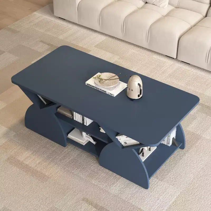 Mesa de centro rectangular, rectangular redondeada, estantes abiertos, fácil montaje, estructura resistente, diseño geométrico moderno para salones y salas de espera