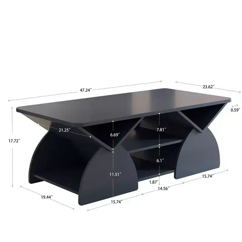 Mesa de centro rectangular, rectangular redondeada, estantes abiertos, fácil montaje, estructura resistente, diseño geométrico moderno para salones y salas de espera