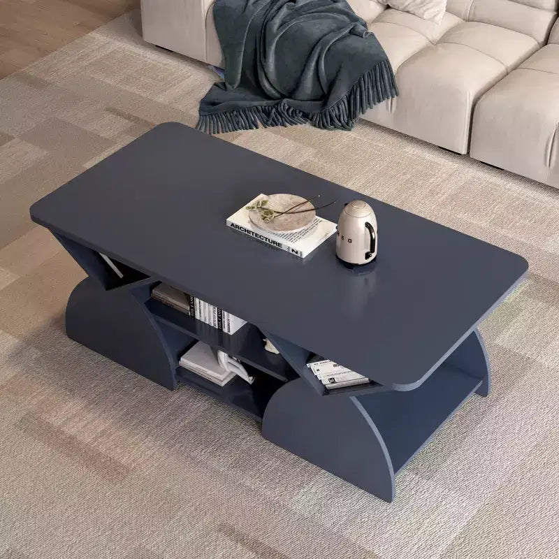 Mesa de centro rectangular, rectangular redondeada, estantes abiertos, fácil montaje, estructura resistente, diseño geométrico moderno para salones y salas de espera