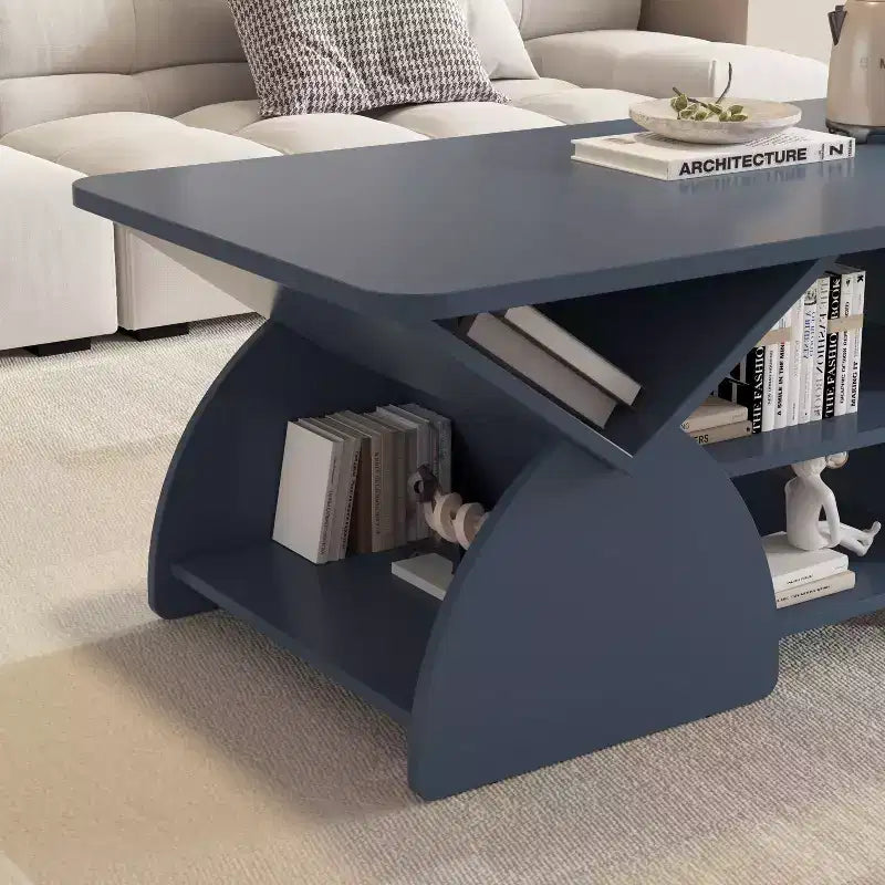 Mesa de centro rectangular, rectangular redondeada, estantes abiertos, fácil montaje, estructura resistente, diseño geométrico moderno para salones y salas de espera