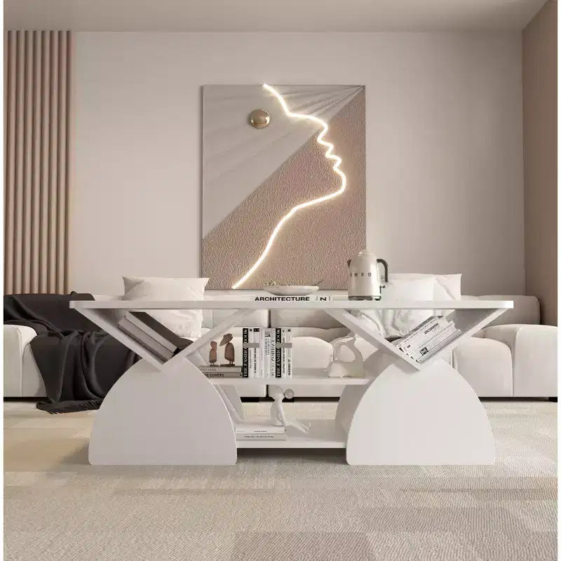 Mesa de centro rectangular, rectangular redondeada, estantes abiertos, fácil montaje, estructura resistente, diseño geométrico moderno para salones y salas de espera