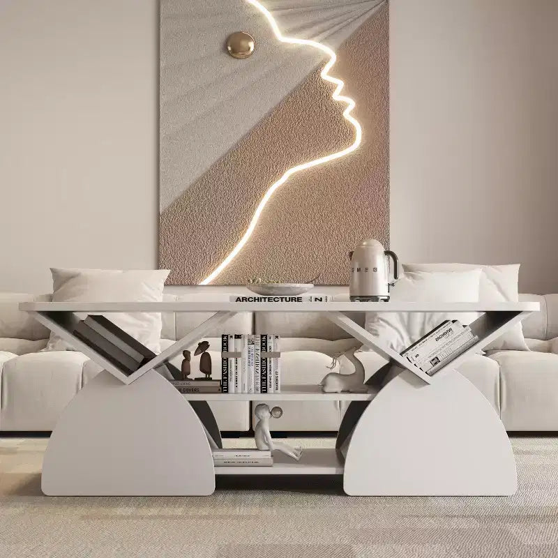 Mesa de centro rectangular, rectangular redondeada, estantes abiertos, fácil montaje, estructura resistente, diseño geométrico moderno para salones y salas de espera