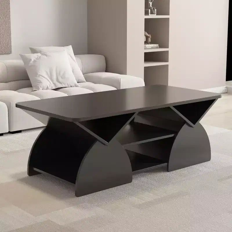 Mesa de centro rectangular, rectangular redondeada, estantes abiertos, fácil montaje, estructura resistente, diseño geométrico moderno para salones y salas de espera