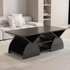 Mesa de centro rectangular, rectangular redondeada, estantes abiertos, fácil montaje, estructura resistente, diseño geométrico moderno para salones y salas de espera