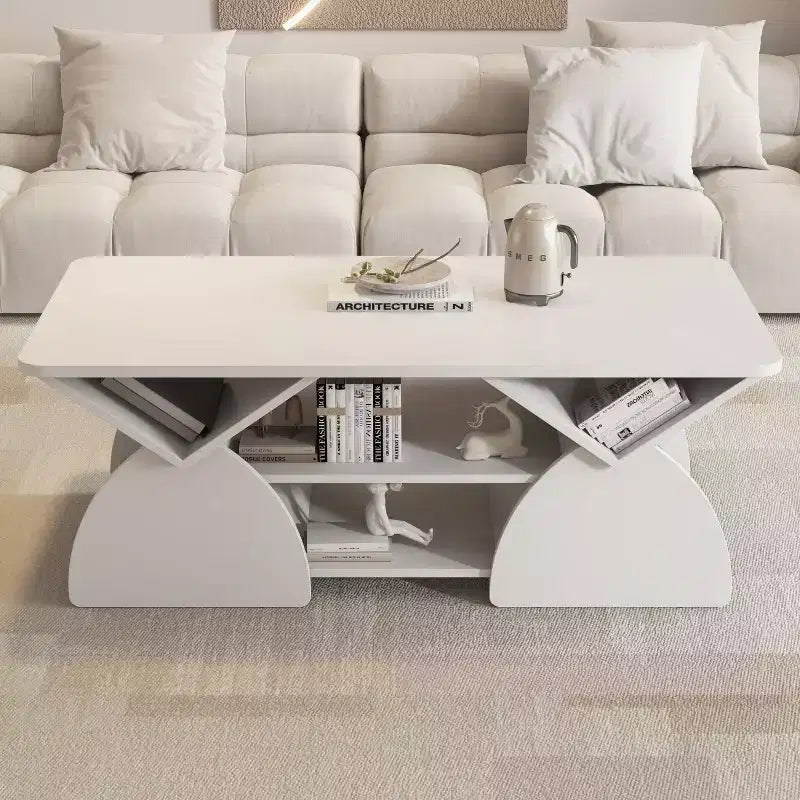 Mesa de centro rectangular, rectangular redondeada, estantes abiertos, fácil montaje, estructura resistente, diseño geométrico moderno para salones y salas de espera