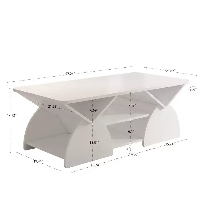 Mesa de centro rectangular, rectangular redondeada, estantes abiertos, fácil montaje, estructura resistente, diseño geométrico moderno para salones y salas de espera