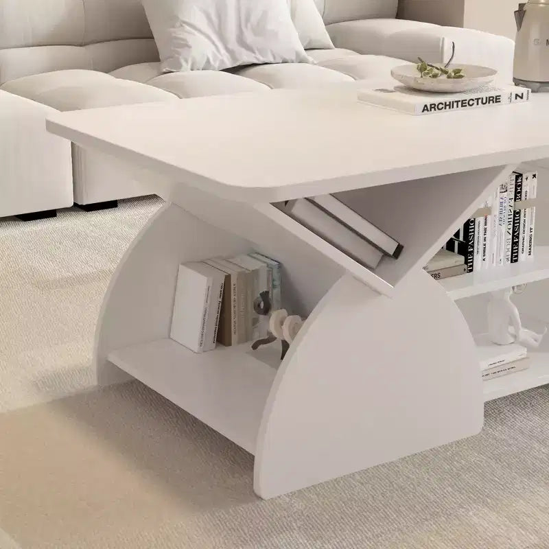 Mesa de centro rectangular, rectangular redondeada, estantes abiertos, fácil montaje, estructura resistente, diseño geométrico moderno para salones y salas de espera