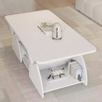 Mesa de centro rectangular, rectangular redondeada, estantes abiertos, fácil montaje, estructura resistente, diseño geométrico moderno para salones y salas de espera