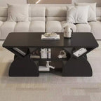 Mesa de centro rectangular, rectangular redondeada, estantes abiertos, fácil montaje, estructura resistente, diseño geométrico moderno para salones y salas de espera