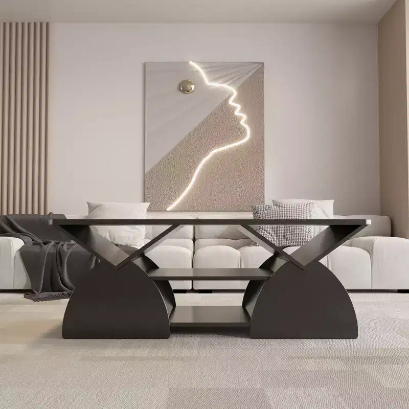 Mesa de centro rectangular, rectangular redondeada, estantes abiertos, fácil montaje, estructura resistente, diseño geométrico moderno para salones y salas de espera