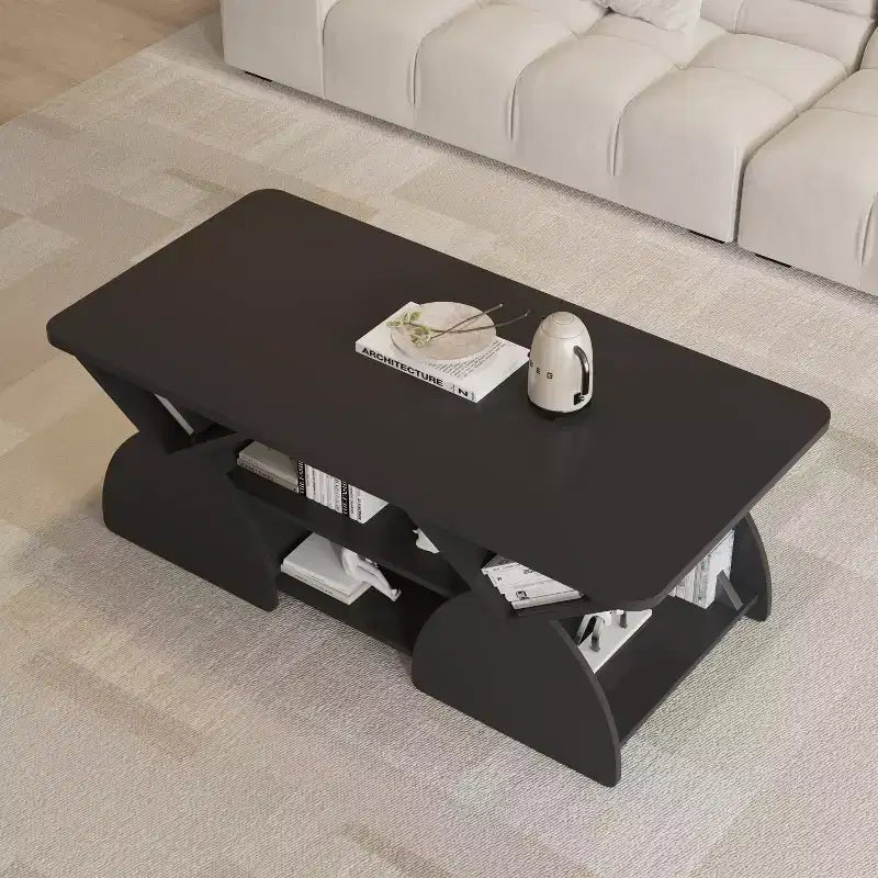 Mesa de centro rectangular, rectangular redondeada, estantes abiertos, fácil montaje, estructura resistente, diseño geométrico moderno para salones y salas de espera