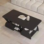 Mesa de centro rectangular, rectangular redondeada, estantes abiertos, fácil montaje, estructura resistente, diseño geométrico moderno para salones y salas de espera