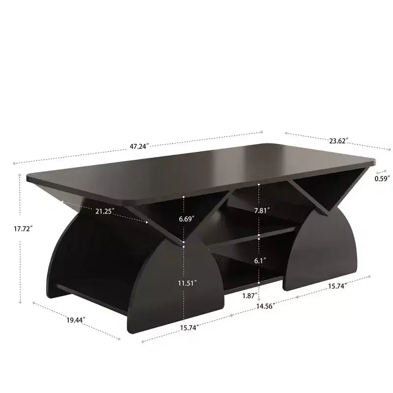 Mesa de centro rectangular, rectangular redondeada, estantes abiertos, fácil montaje, estructura resistente, diseño geométrico moderno para salones y salas de espera