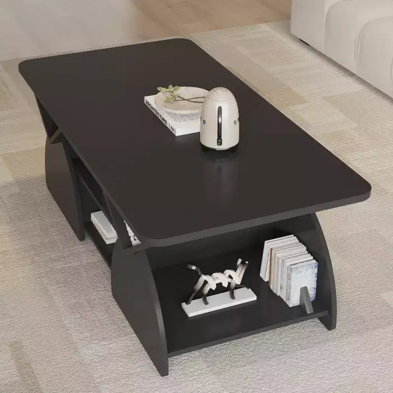 Mesa de centro rectangular, rectangular redondeada, estantes abiertos, fácil montaje, estructura resistente, diseño geométrico moderno para salones y salas de espera