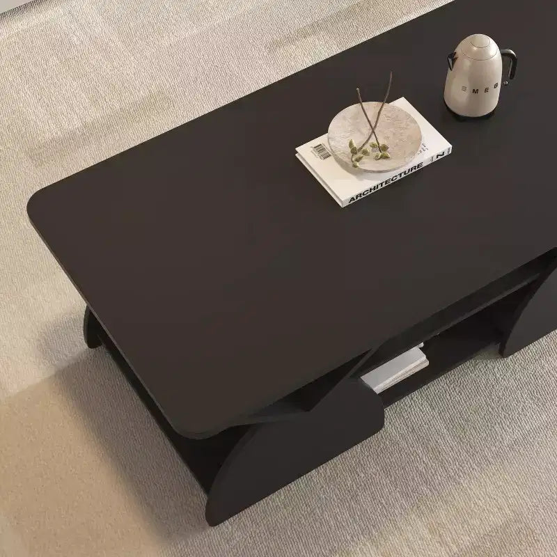 Mesa de centro rectangular, rectangular redondeada, estantes abiertos, fácil montaje, estructura resistente, diseño geométrico moderno para salones y salas de espera