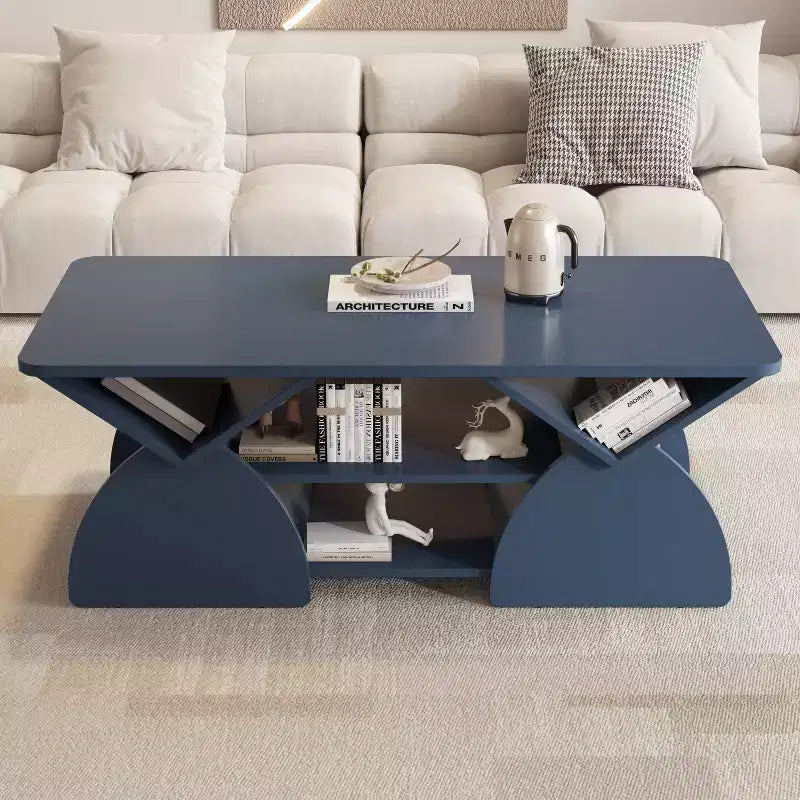Mesa de centro rectangular, rectangular redondeada, estantes abiertos, fácil montaje, estructura resistente, diseño geométrico moderno para salones y salas de espera