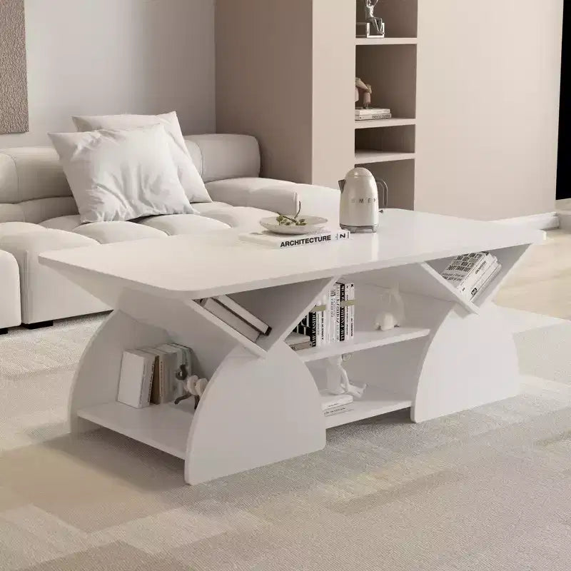 Mesa de centro rectangular, rectangular redondeada, estantes abiertos, fácil montaje, estructura resistente, diseño geométrico moderno para salones y salas de espera