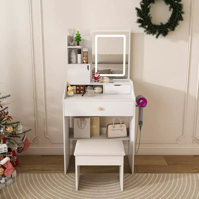 Okak Compact Vanity with 3-Color Adjustable Mirror, Vanity Table with 2 Drawers and 5 Shelves, Makeup Table with Stool for Bedroom, White