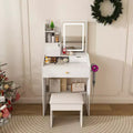 Okak Compact Vanity with 3-Color Adjustable Mirror, Vanity Table with 2 Drawers and 5 Shelves, Makeup Table with Stool for Bedroom, White