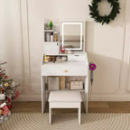 Okak Compact Vanity with 3-Color Adjustable Mirror, Vanity Table with 2 Drawers and 5 Shelves, Makeup Table with Stool for Bedroom, White