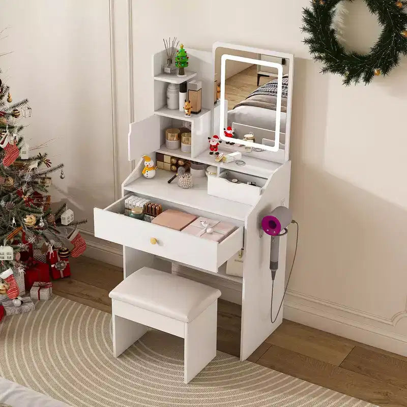 Tocador Compacto con Espejo Ajustable de 3 Colores, Mesa de Tocador con 2 Cajones y 5 Estantes, Mesa de Maquillaje con Taburete para Dormitorio, Blanco