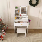 Tocador Compacto con Espejo Ajustable de 3 Colores, Mesa de Tocador con 2 Cajones y 5 Estantes, Mesa de Maquillaje con Taburete para Dormitorio, Blanco