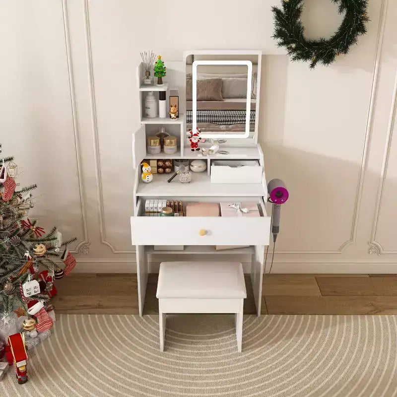 Tocador Compacto con Espejo Ajustable de 3 Colores, Mesa de Tocador con 2 Cajones y 5 Estantes, Mesa de Maquillaje con Taburete para Dormitorio, Blanco