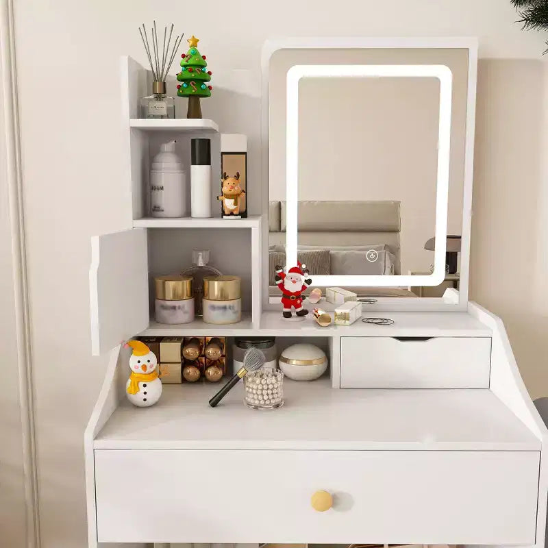 Tocador Compacto con Espejo Ajustable de 3 Colores, Mesa de Tocador con 2 Cajones y 5 Estantes, Mesa de Maquillaje con Taburete para Dormitorio, Blanco
