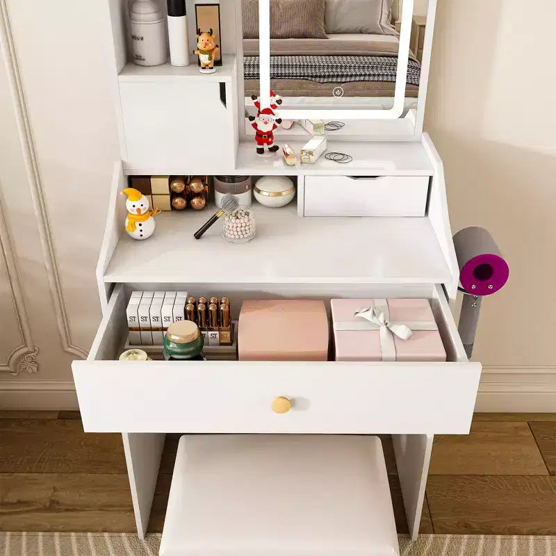 Tocador Compacto con Espejo Ajustable de 3 Colores, Mesa de Tocador con 2 Cajones y 5 Estantes, Mesa de Maquillaje con Taburete para Dormitorio, Blanco