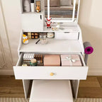 Tocador Compacto con Espejo Ajustable de 3 Colores, Mesa de Tocador con 2 Cajones y 5 Estantes, Mesa de Maquillaje con Taburete para Dormitorio, Blanco