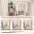 Tocador Compacto con Espejo Ajustable de 3 Colores, Mesa de Tocador con 2 Cajones y 5 Estantes, Mesa de Maquillaje con Taburete para Dormitorio, Blanco