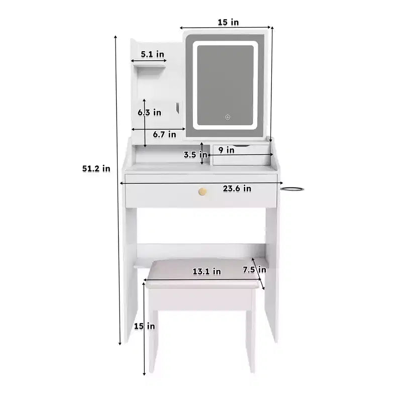 Tocador Compacto con Espejo Ajustable de 3 Colores, Mesa de Tocador con 2 Cajones y 5 Estantes, Mesa de Maquillaje con Taburete para Dormitorio, Blanco