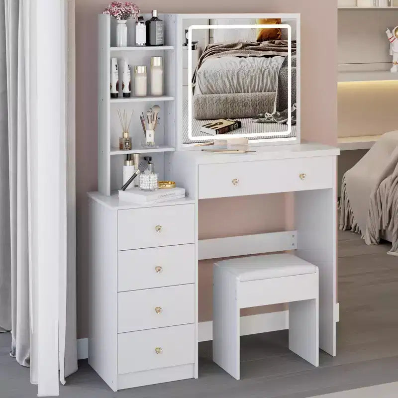 Tocador de 37" con taburete acolchado y espejo deslizante grande, tocador de maquillaje con gran capacidad de almacenamiento, mesa de tocador para el hogar, blanco