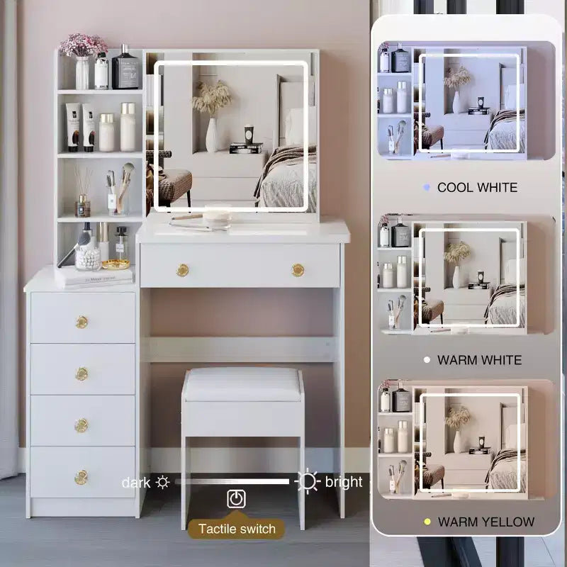 Tocador de 37" con taburete acolchado y espejo deslizante grande, tocador de maquillaje con gran capacidad de almacenamiento, mesa de tocador para el hogar, blanco