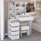 Tocador de 37" con taburete acolchado y espejo deslizante grande, tocador de maquillaje con gran capacidad de almacenamiento, mesa de tocador para el hogar, blanco