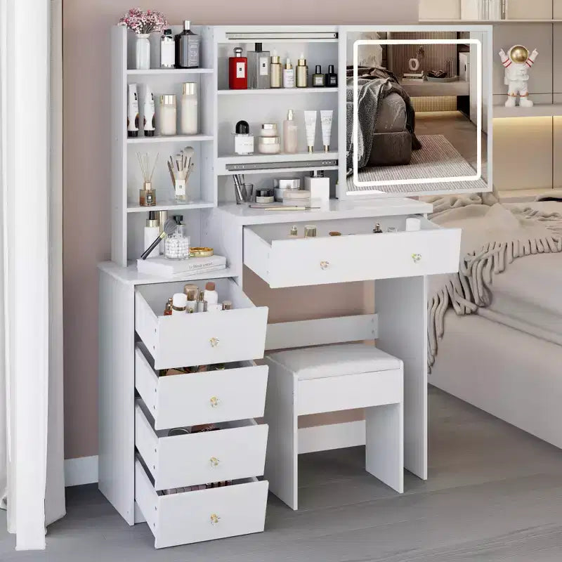 Tocador de 37" con taburete acolchado y espejo deslizante grande, tocador de maquillaje con gran capacidad de almacenamiento, mesa de tocador para el hogar, blanco