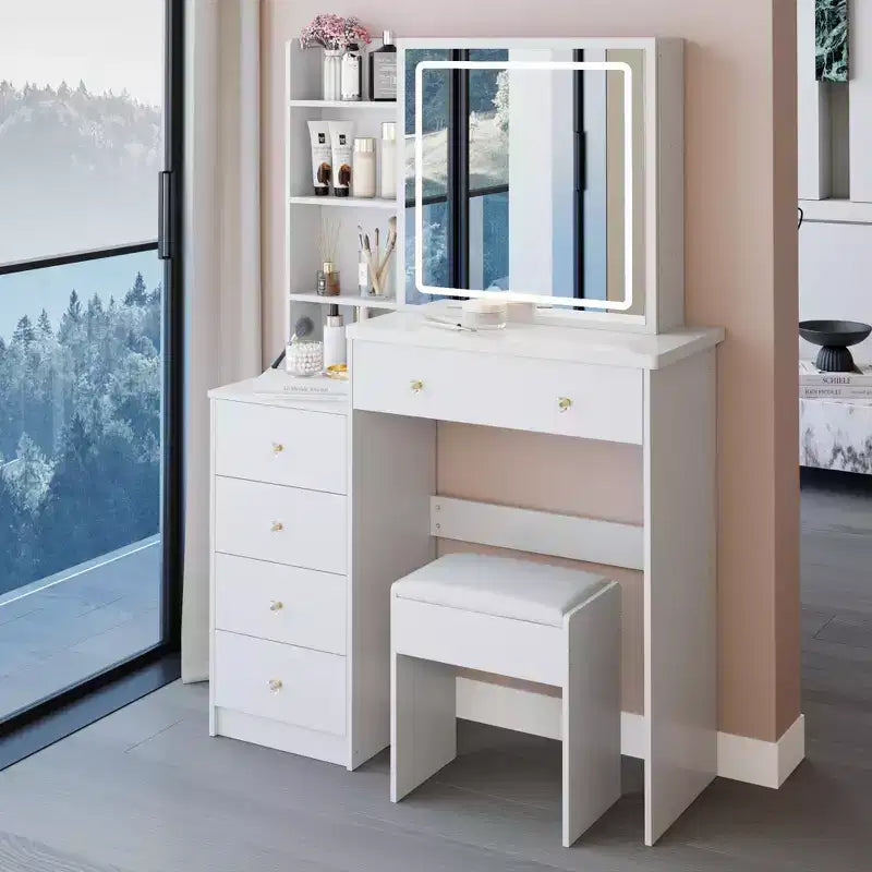 Tocador de 37" con taburete acolchado y espejo deslizante grande, tocador de maquillaje con gran capacidad de almacenamiento, mesa de tocador para el hogar, blanco